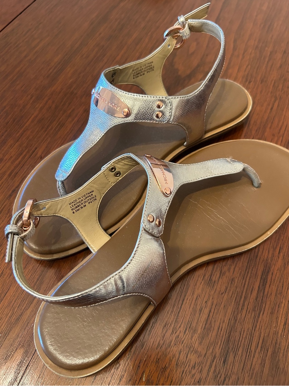 Michael Kors Metallic Rose Gold T-Strap Flat Sandals